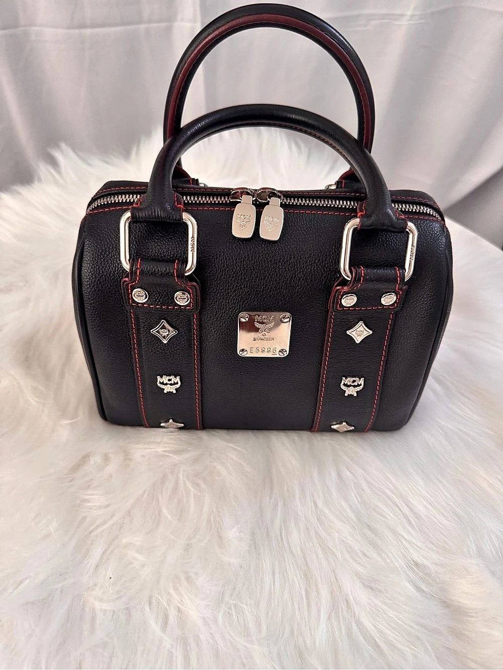 MCM Studded Logo Mini Boston Bag with Red Stitching Black & Red
